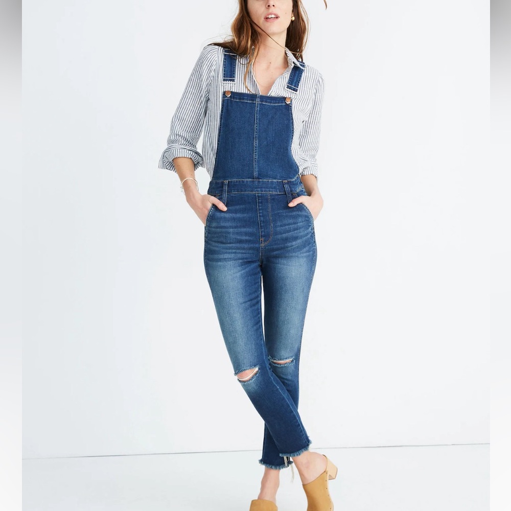 Madewell Roadtripper Cotton Brodie Wash Distressed Frayed Hem Overalls Size XS